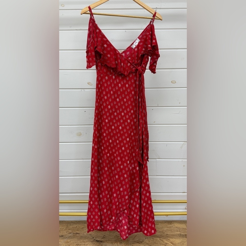 Band of Gypsies Foulard Red and Cream Faux Wrap Dress Women's XS - Picture 4 of 12